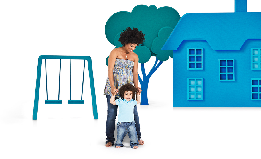 Woman outside a house with her child