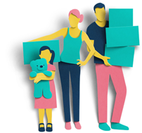 Illustration of a family moving house and holding moving boxes